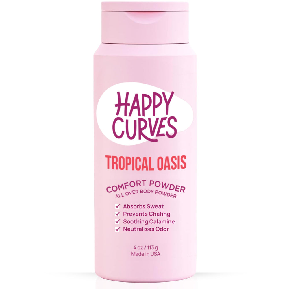 Happy Curves Comfort Powder bottle shows talc-free formula for all-day dryness