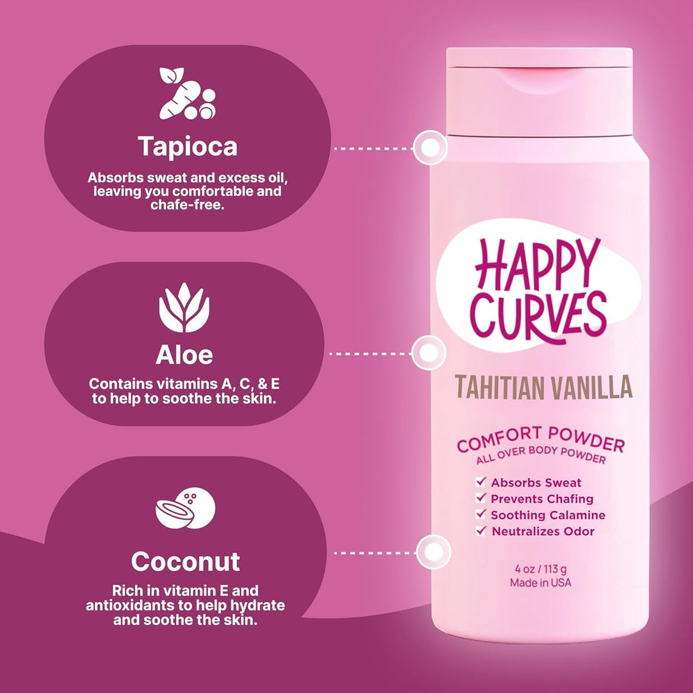 HAPPY CURVES Comfort Powder texture close-up shows a lightweight, absorbent formula.