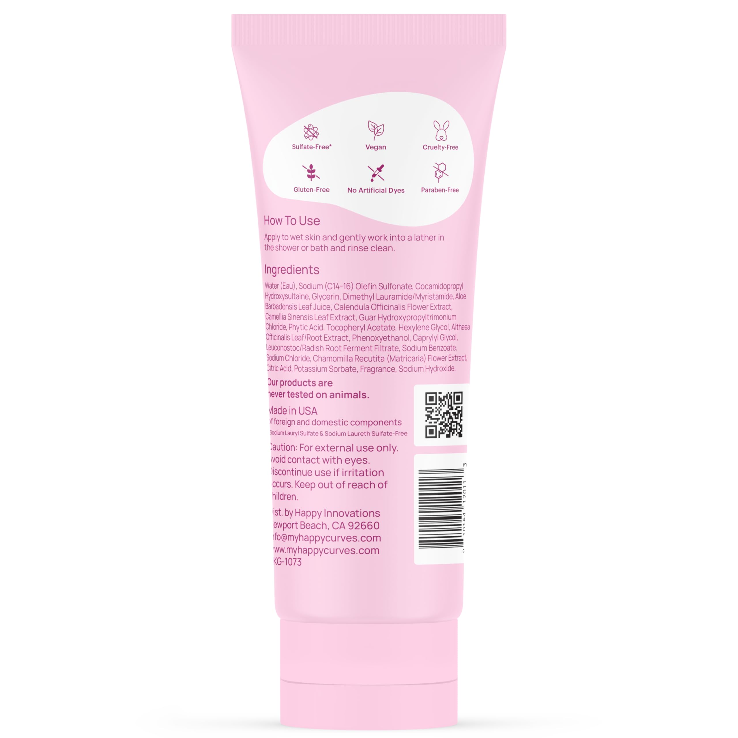 HAPPY CURVES bottle highlights clean ingredients for safe cleansing.