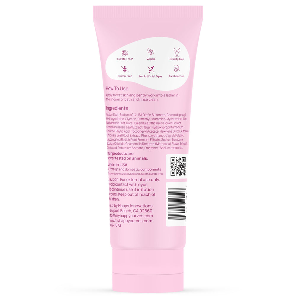 HAPPY CURVES bottle highlights clean ingredients for safe cleansing.