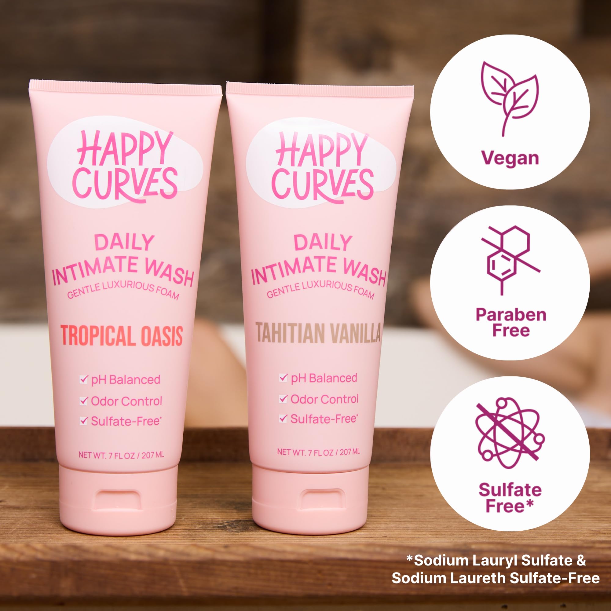 HAPPY CURVES sulfate-free and paraben-free formula for sensitive areas.