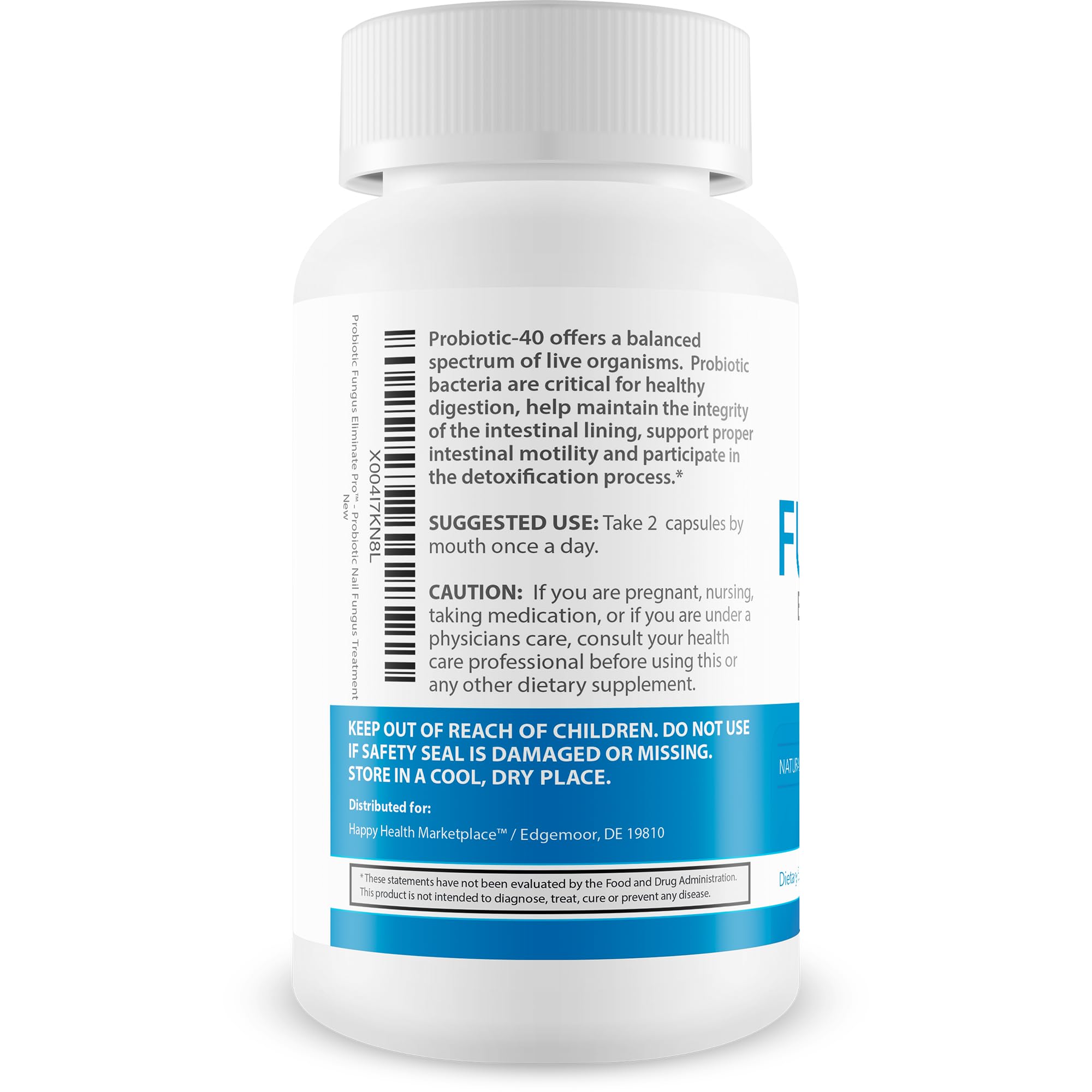 Happy Health Marketplace Probiotic Fungus Eliminate Pro label highlights Vitamin D and zinc for nail health benefits