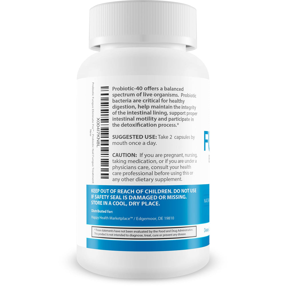 Happy Health Marketplace Probiotic Fungus Eliminate Pro label highlights Vitamin D and zinc for nail health benefits