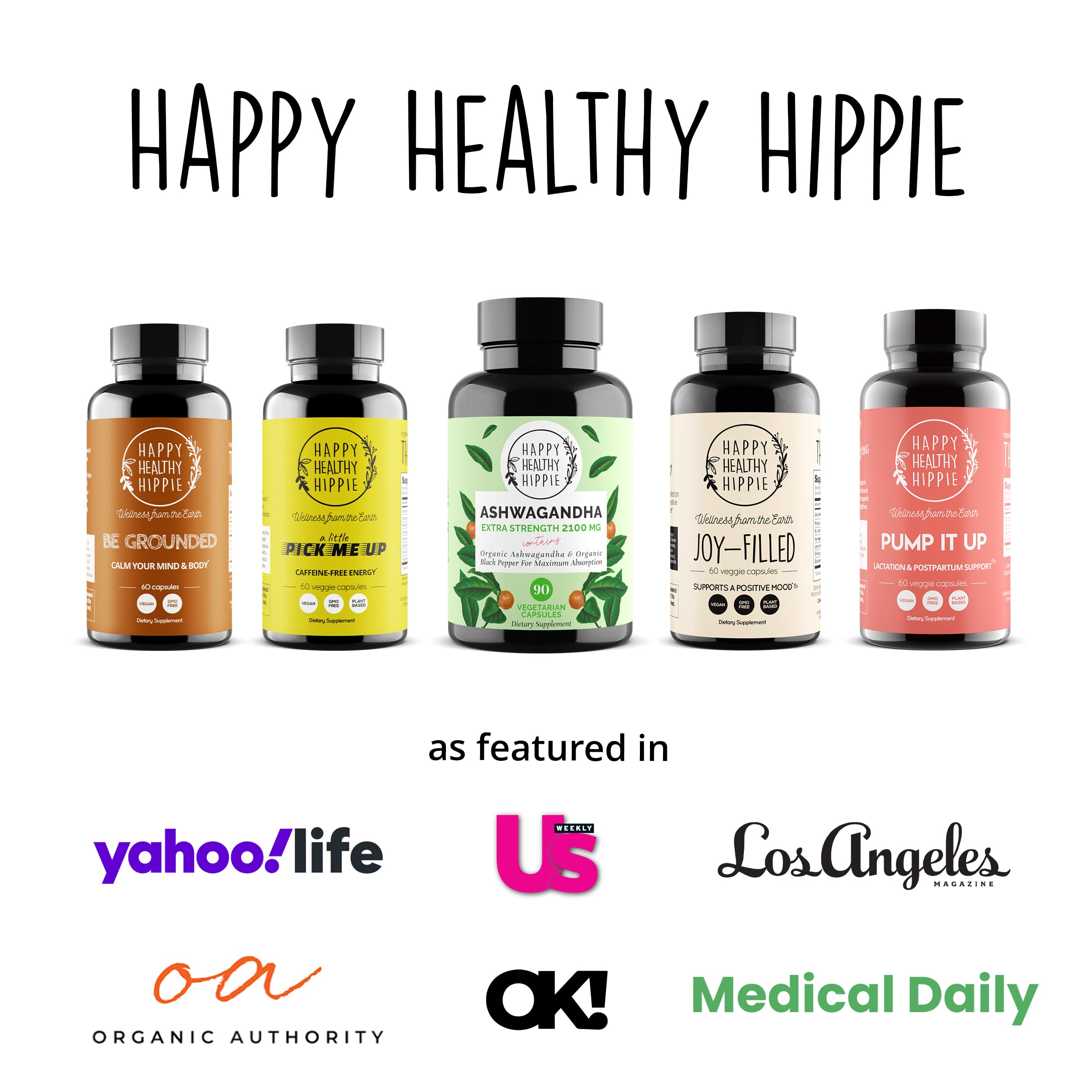 Happy Healthy Hippie Ashwagandha bottle on shelf for daily use.