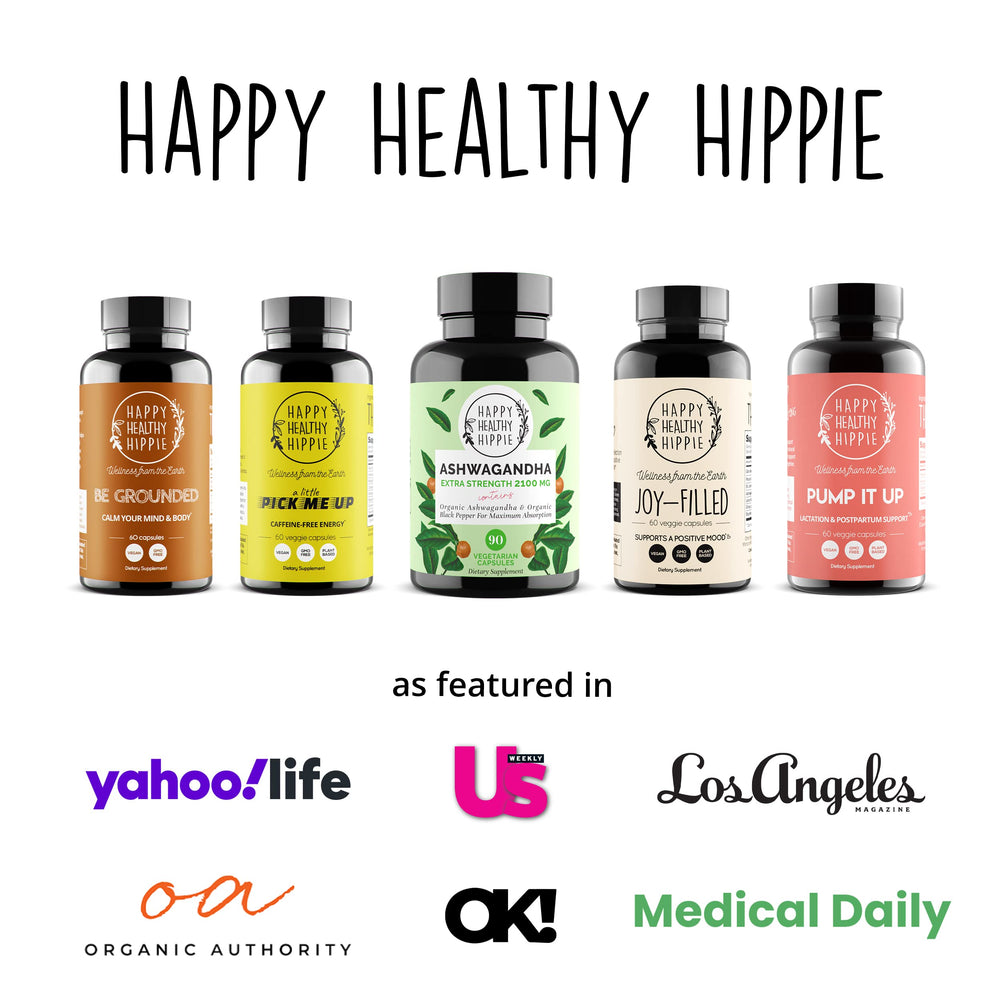 Happy Healthy Hippie Ashwagandha bottle on shelf for daily use.