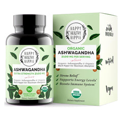 Happy Healthy Hippie Organic Ashwagandha capsules bottle supports daily stress resilience.