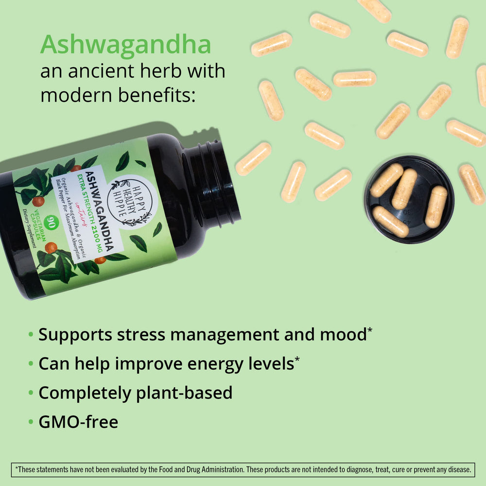 Happy Healthy Hippie Ashwagandha capsules close-up showing potent adaptogen.