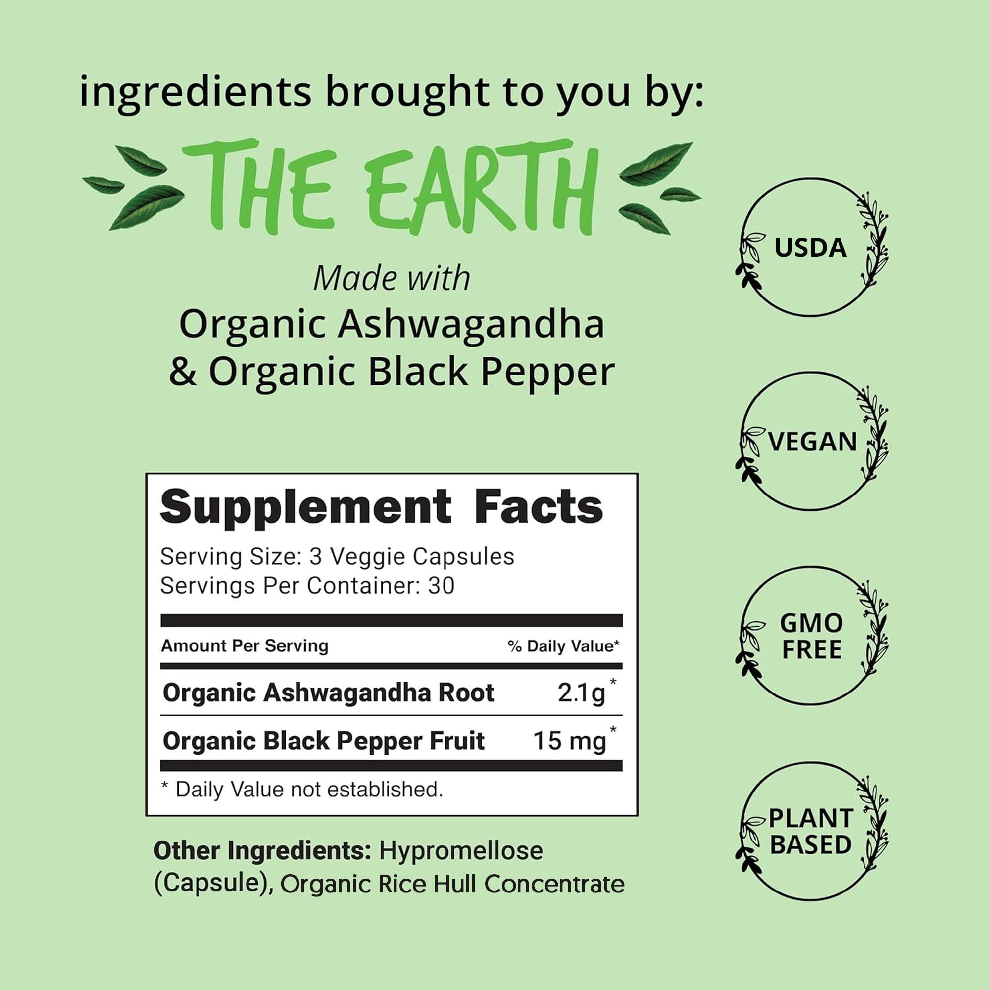 Happy Healthy Hippie Ashwagandha label highlights 2100mg potency.