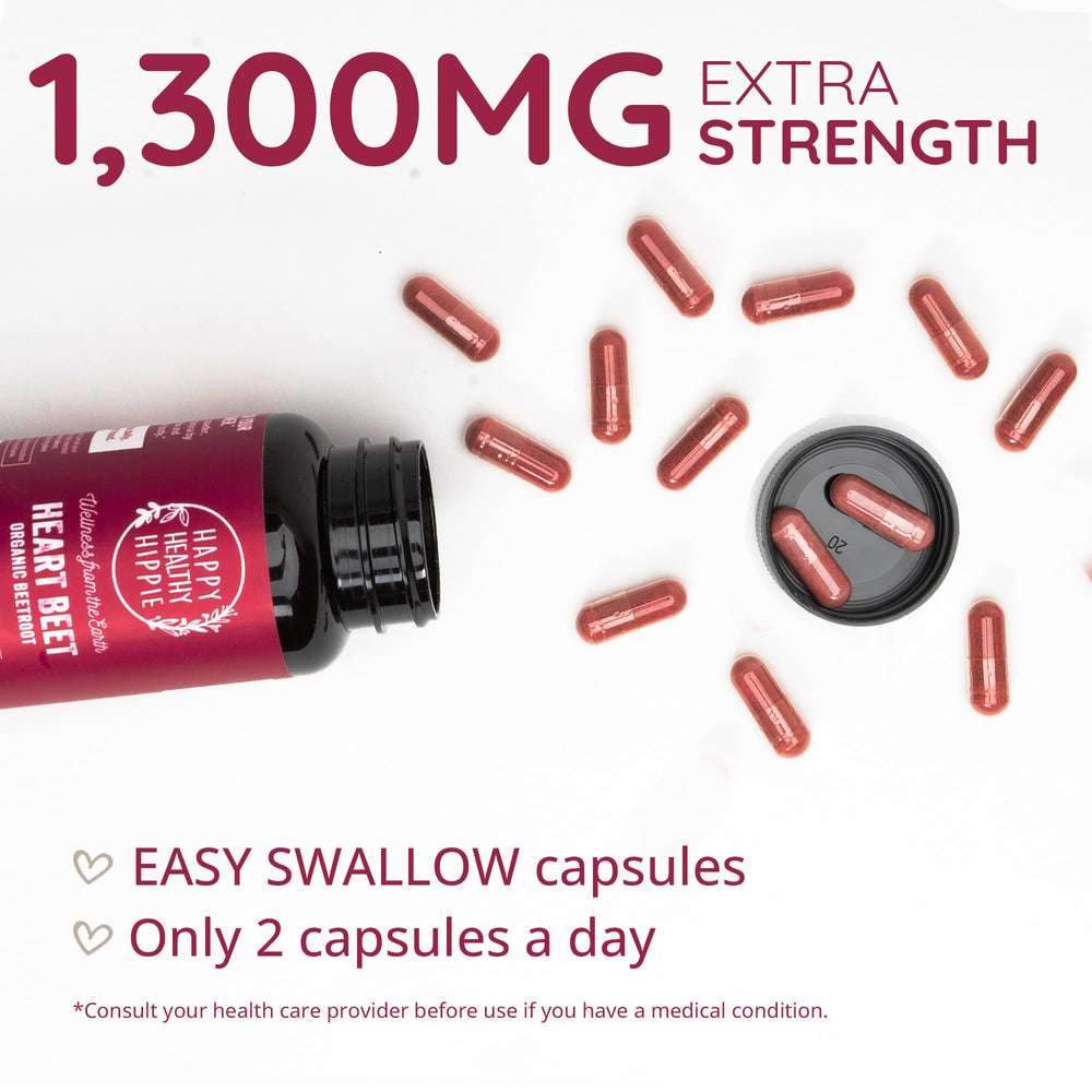 Happy Healthy Hippie beet root capsules close-up of smooth capsules for quick intake