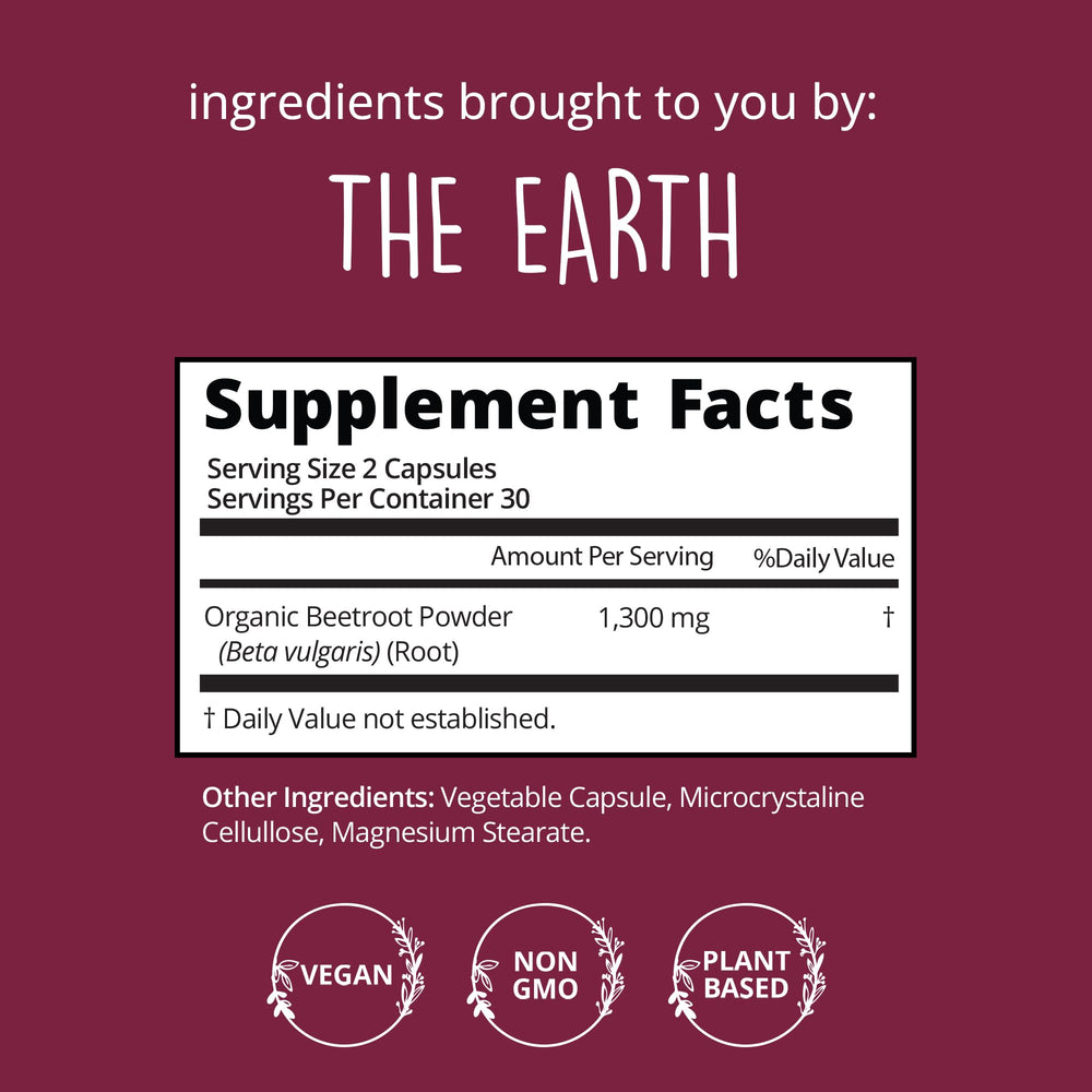 Happy Healthy Hippie beet root capsules label emphasizes organic ingredients and vegan formula