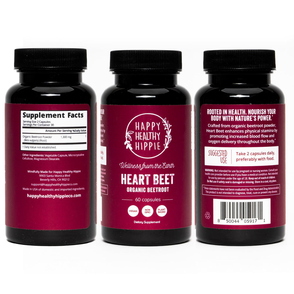 Happy Healthy Hippie beet root capsules nutrition facts panel emphasizing plant-based nutrition
