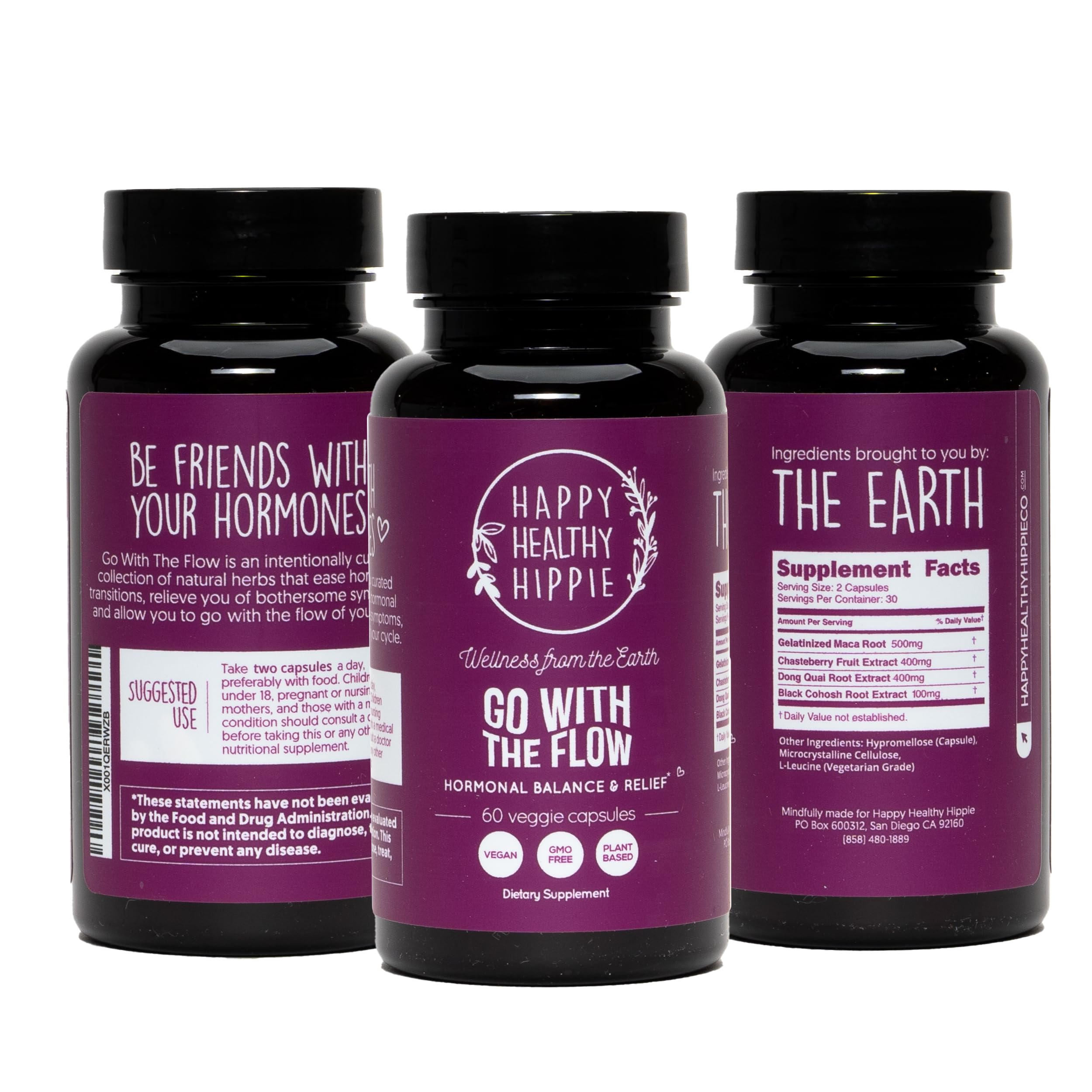 Happy Healthy Hippie bottle with glass of water for easy daily routine.