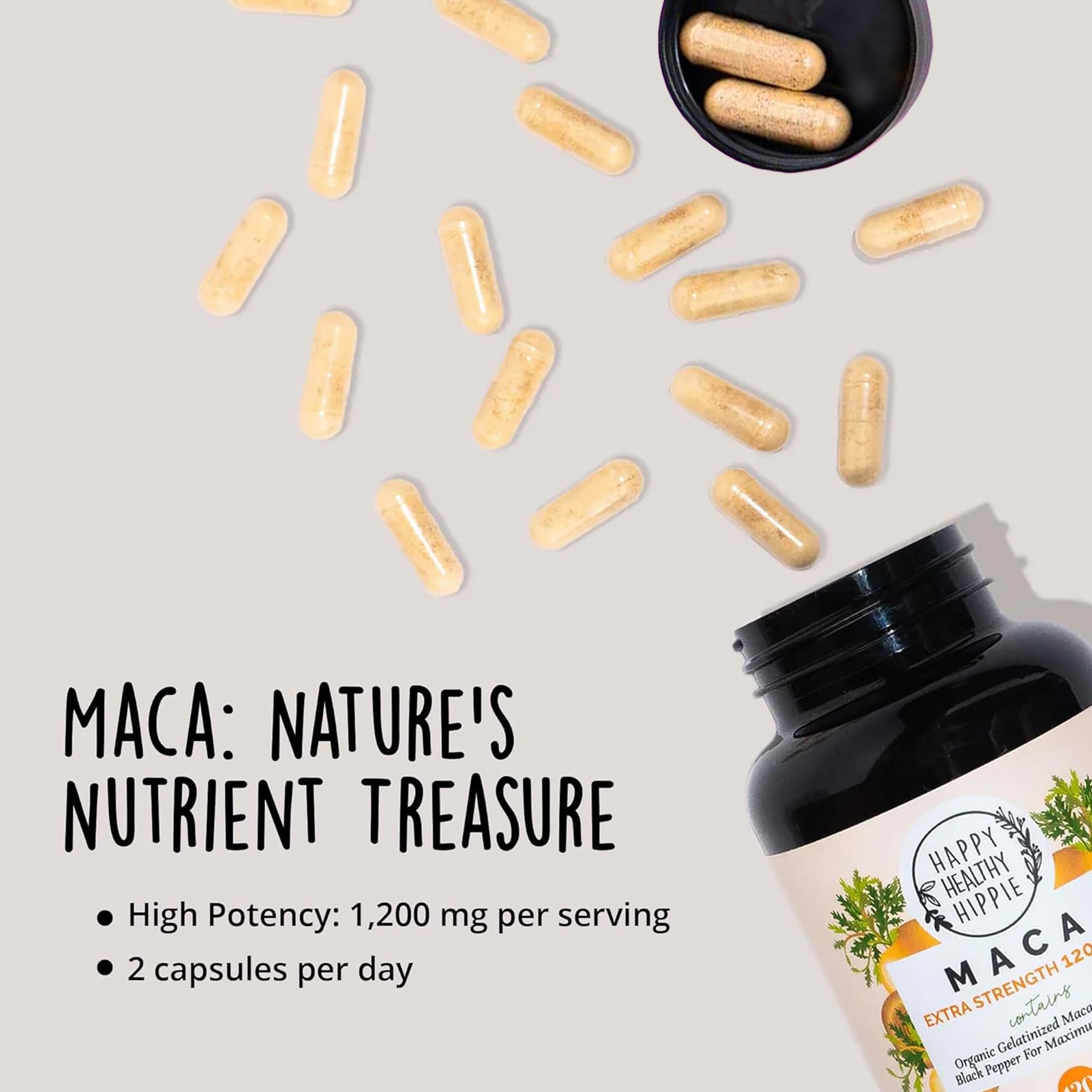 Daily wellness setup with maca capsules suggesting steady energy.