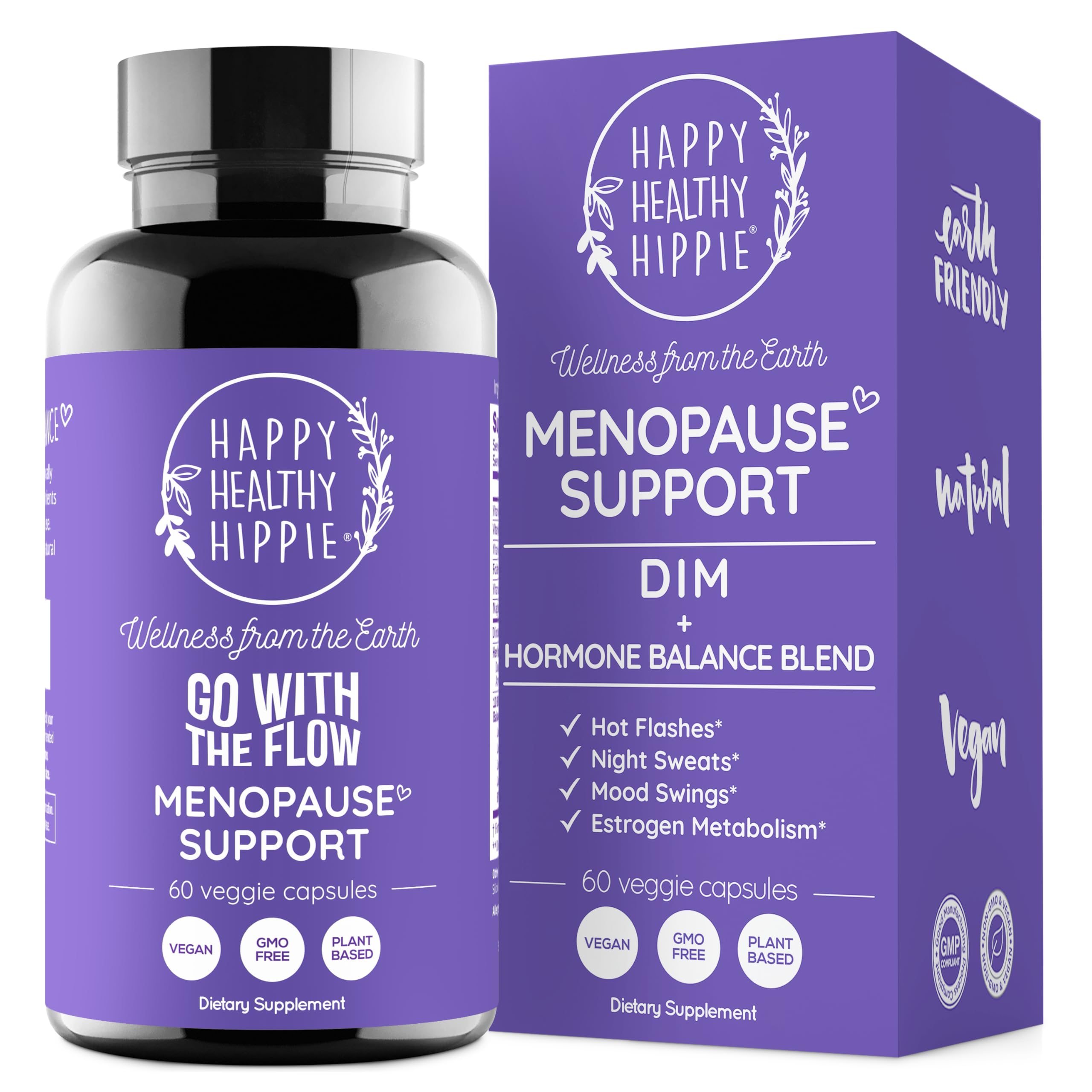 Happy Healthy Hippie flow capsules with DIM and probiotics supporting menopause balance.