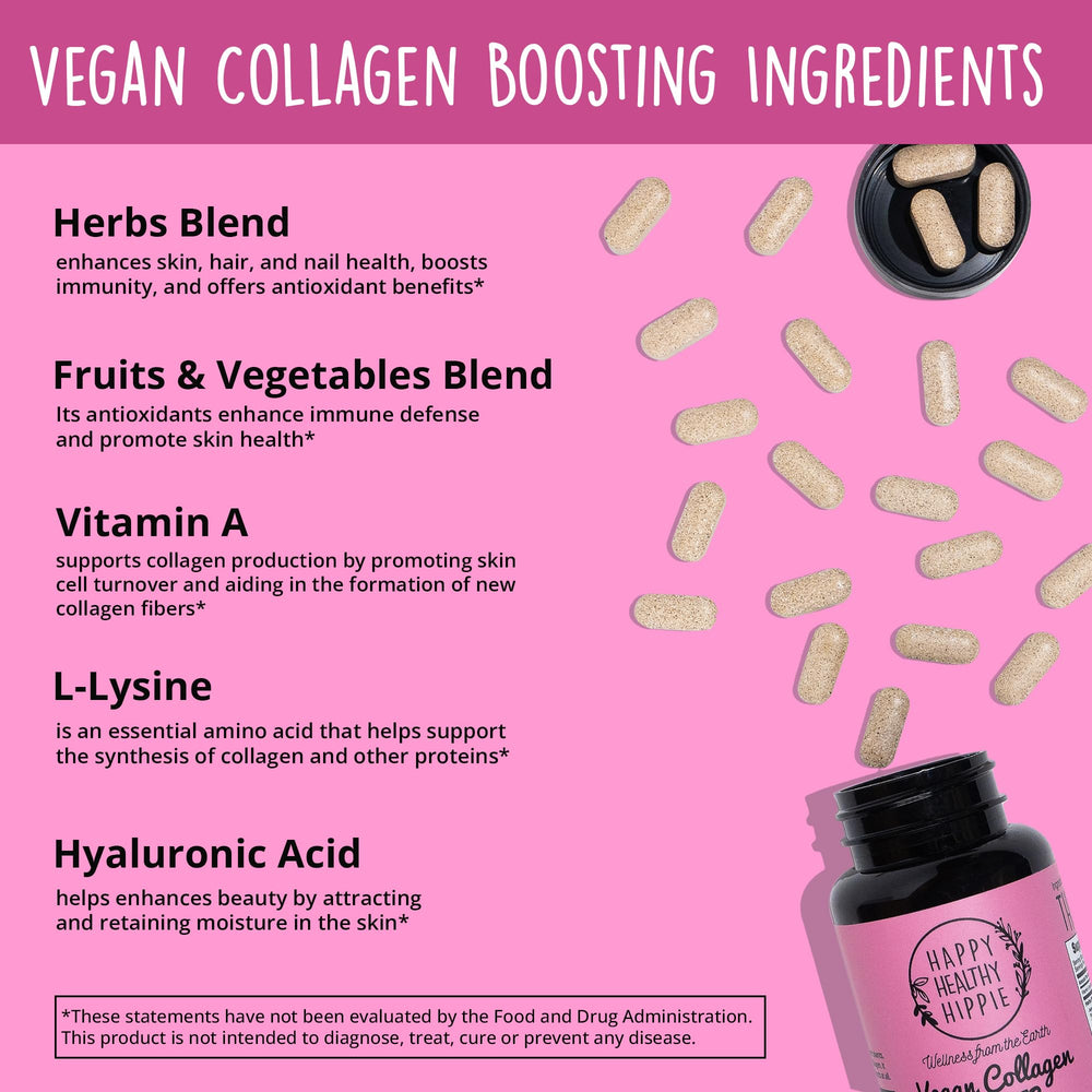 Happy Healthy Hippie bottle highlights focus on hair, skin, and nails.