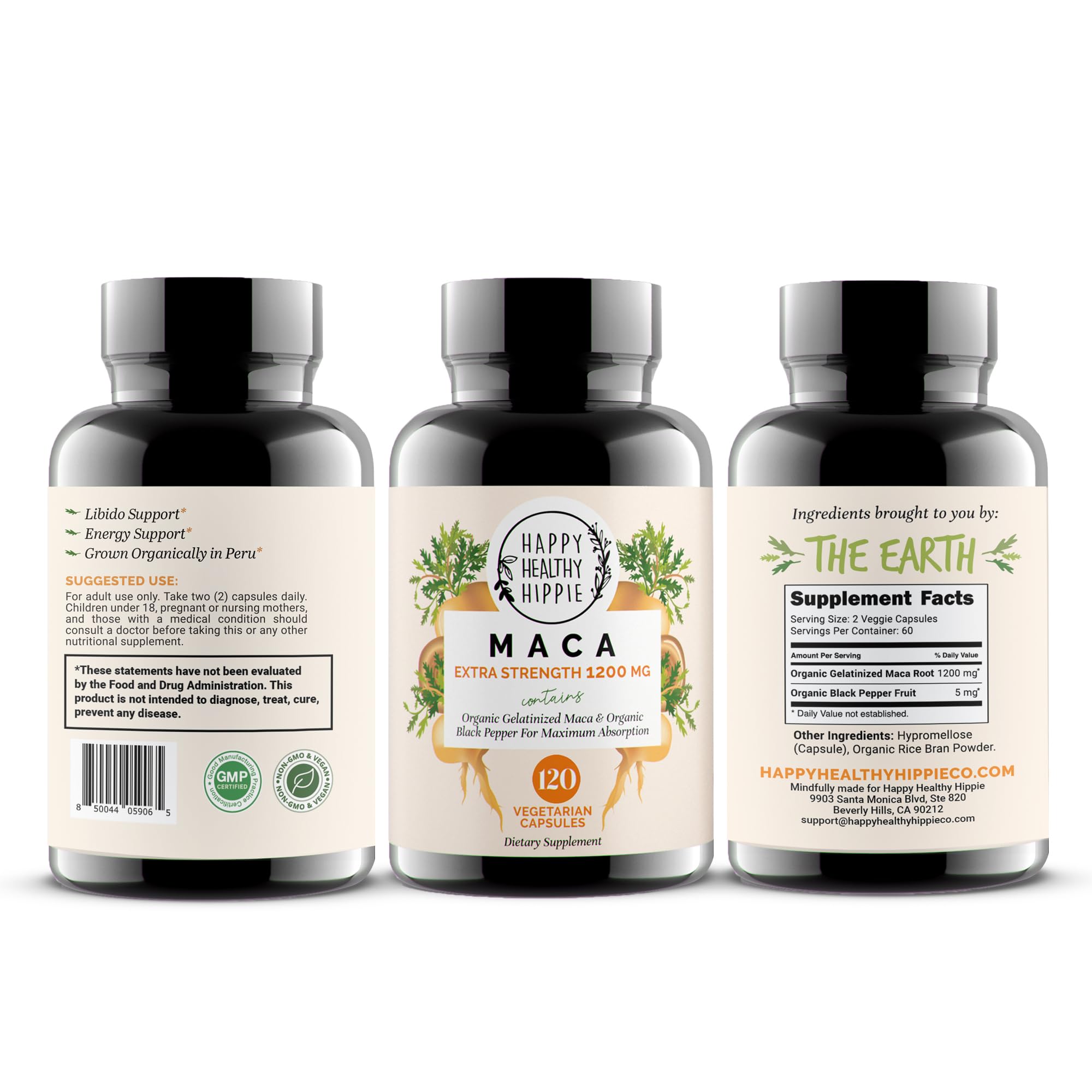 Peruvian maca tub labels convey heritage and natural sourcing.