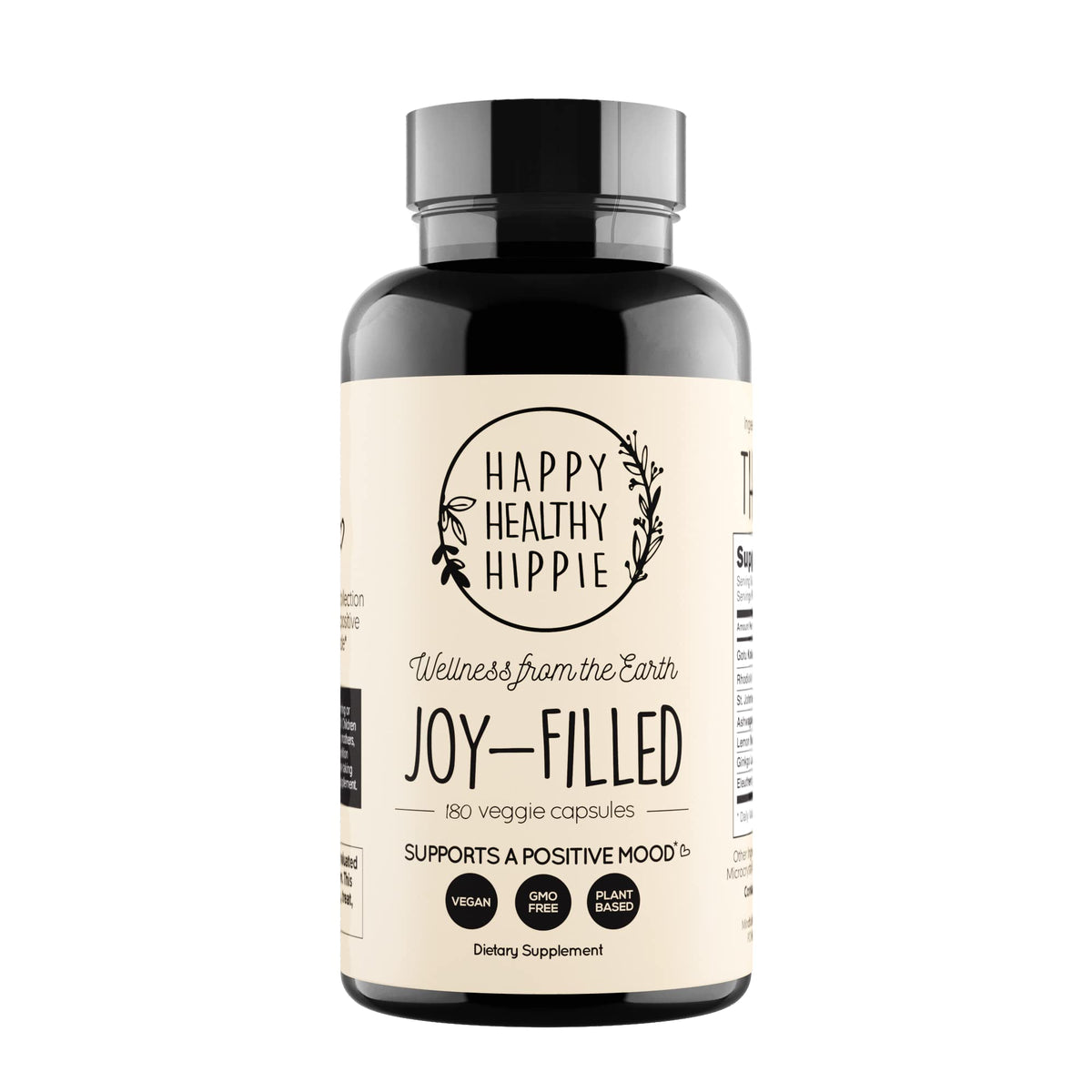Happy Healthy Hippie Joy-Filled bottle front offering plant-based mood support.