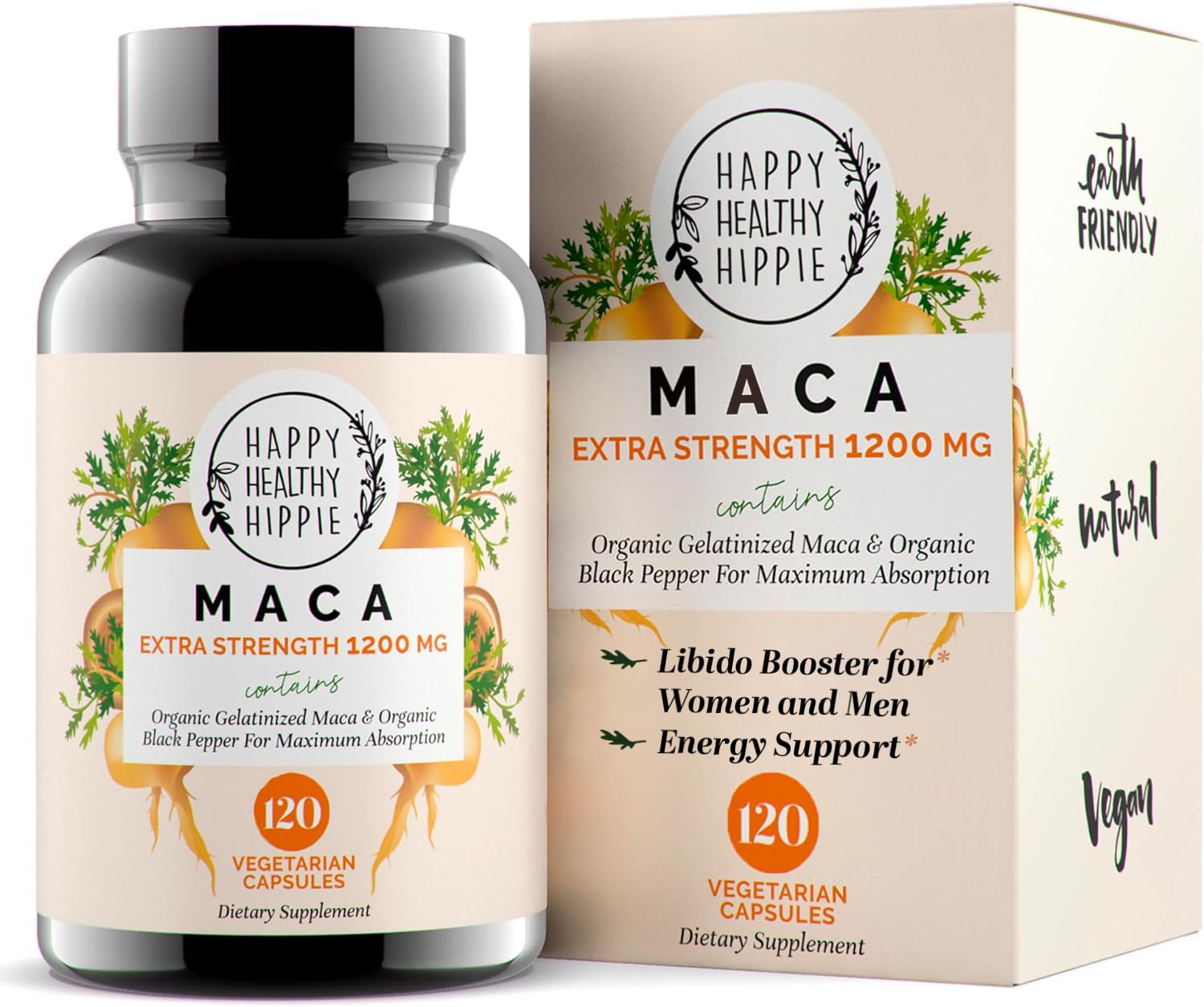 Happy Healthy Hippie maca root capsules bottle for natural energy and focus.