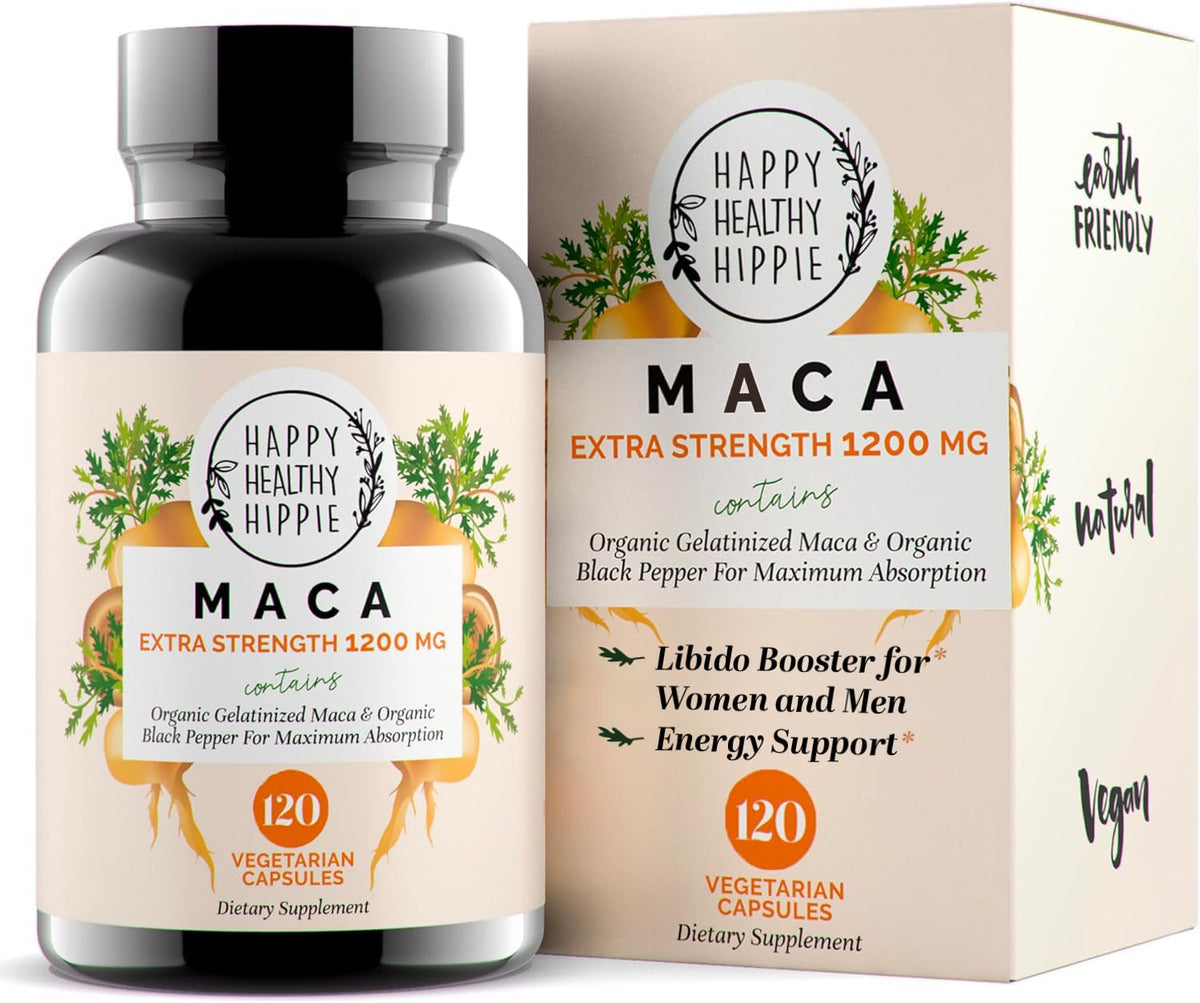 Happy Healthy Hippie maca root capsules bottle for natural energy and focus.