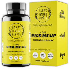Happy Healthy Hippie natural energy pills packaging close-up showing caffeine-free energy for daily focus.
