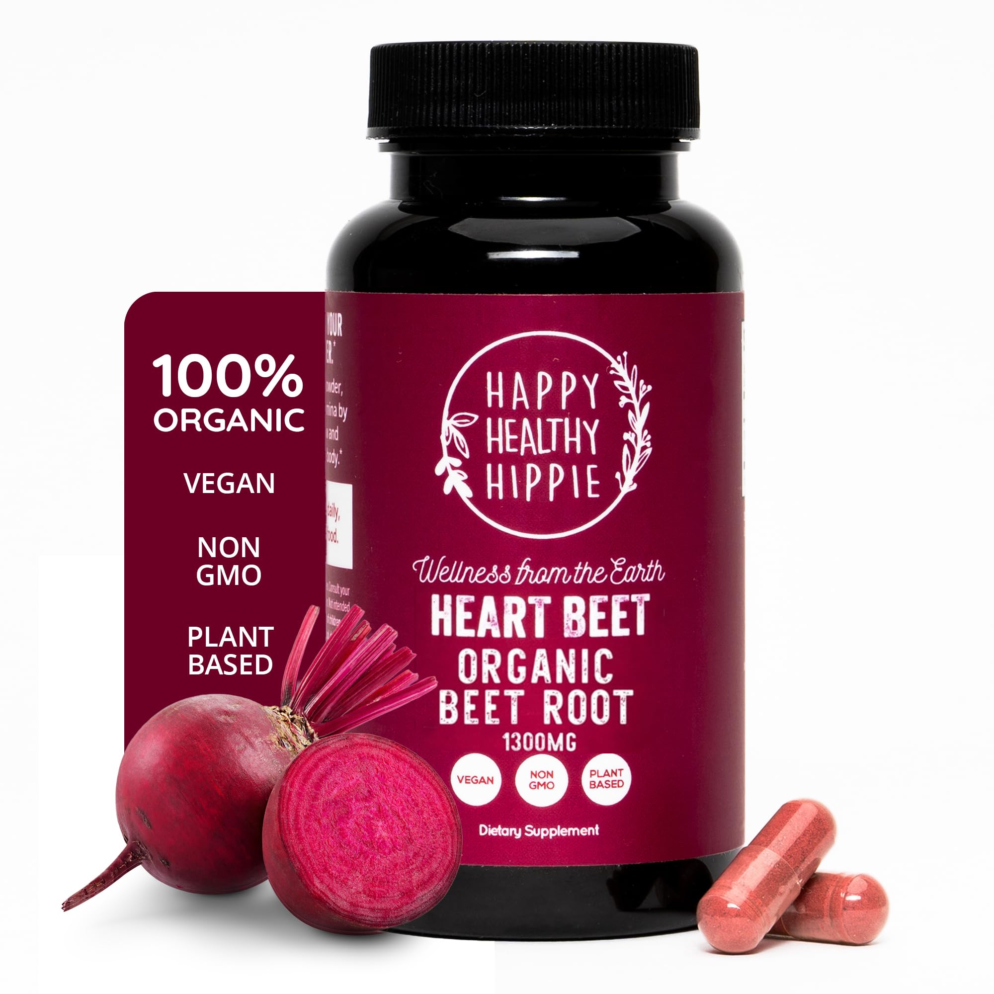 Happy Healthy Hippie beet root capsules bottle for daily wellness and natural energy