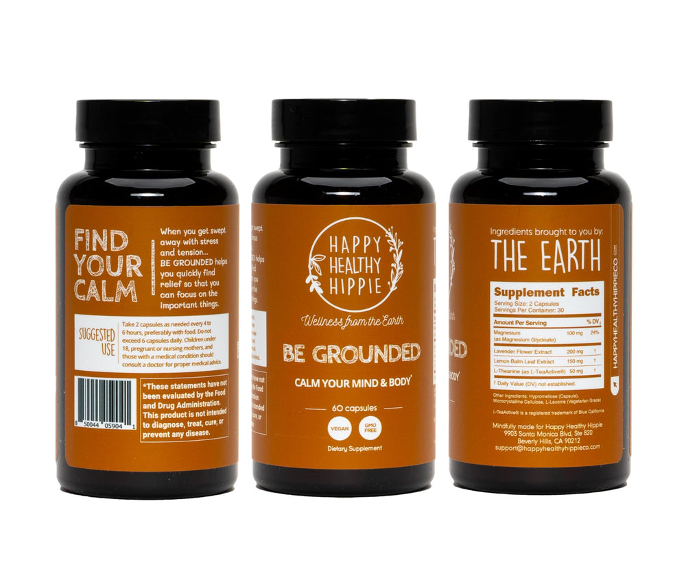 L-Theanine and lemon balm components appear on Be Grounded packaging.