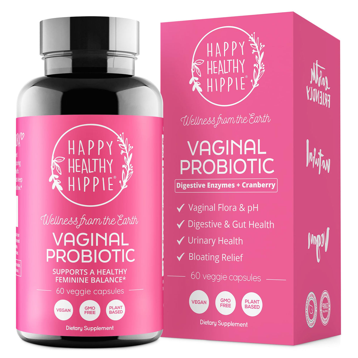 Happy Healthy Hippie vaginal probiotic bottle promotes daily balance and comfort.