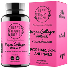 Happy Healthy Hippie vegan collagen builder bottle for daily skin and hair support.