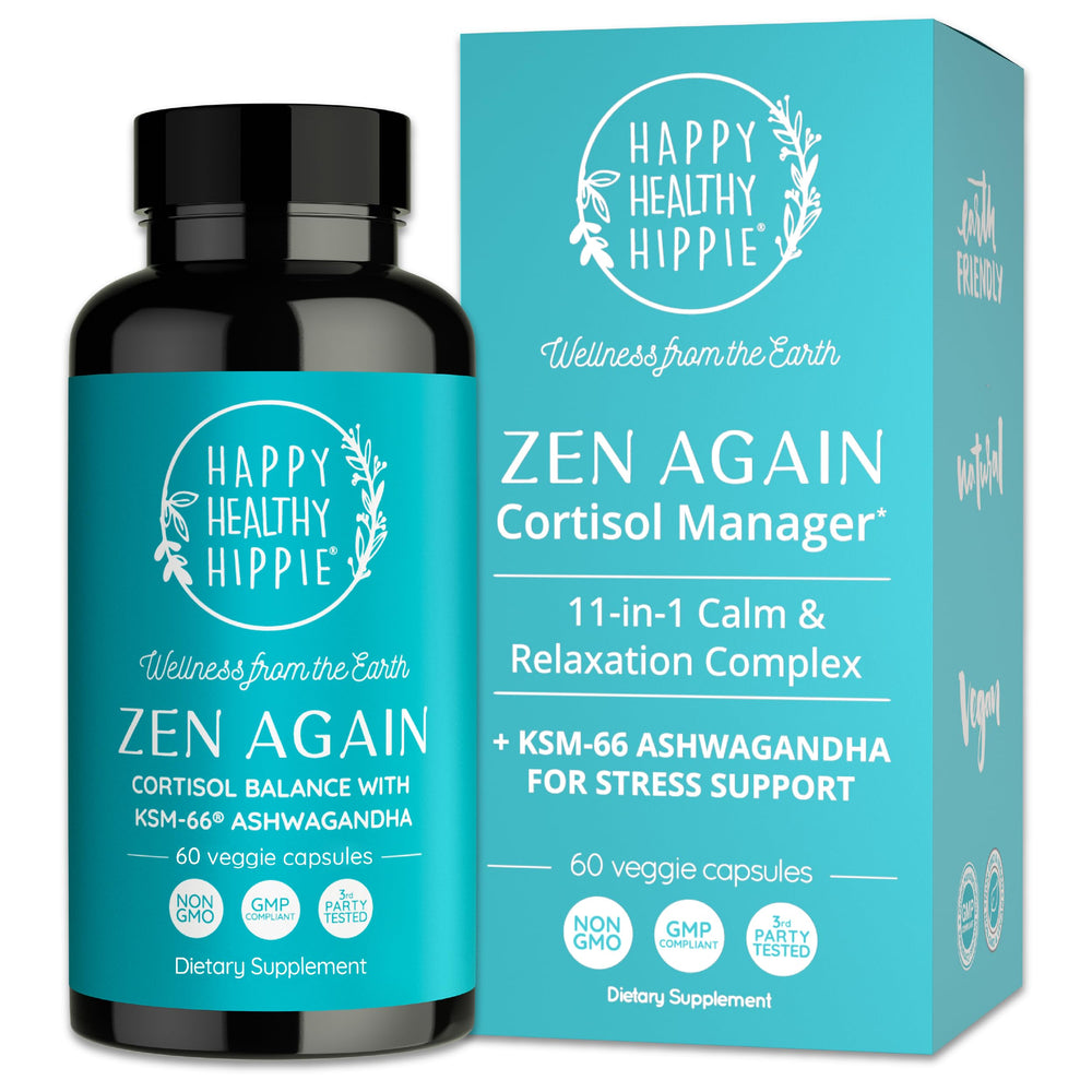 Happy Healthy Hippie Zen Again bottle promotes calm energy during busy days.