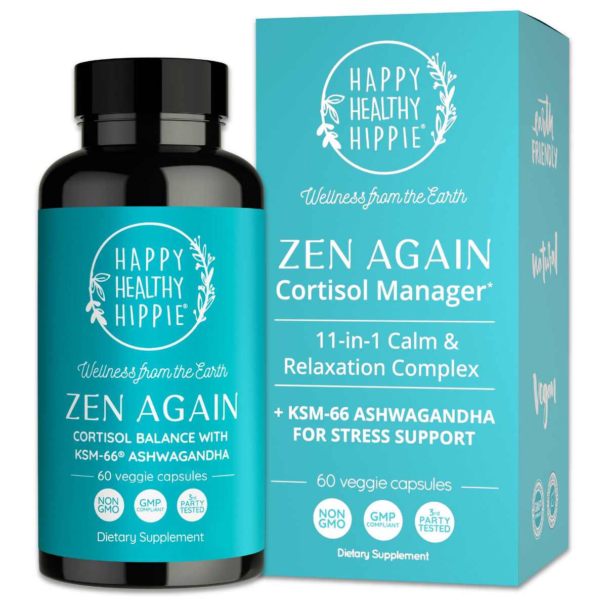 Happy Healthy Hippie Zen Again bottle promotes calm energy during busy days.