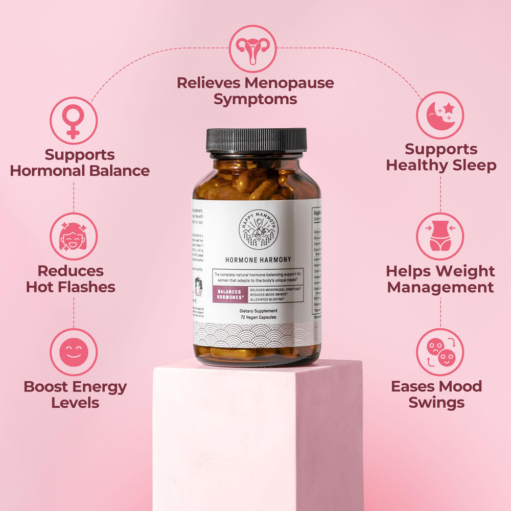 Happy Mammoth Hormone Harmony bottle back displays ingredients and dosage guidance