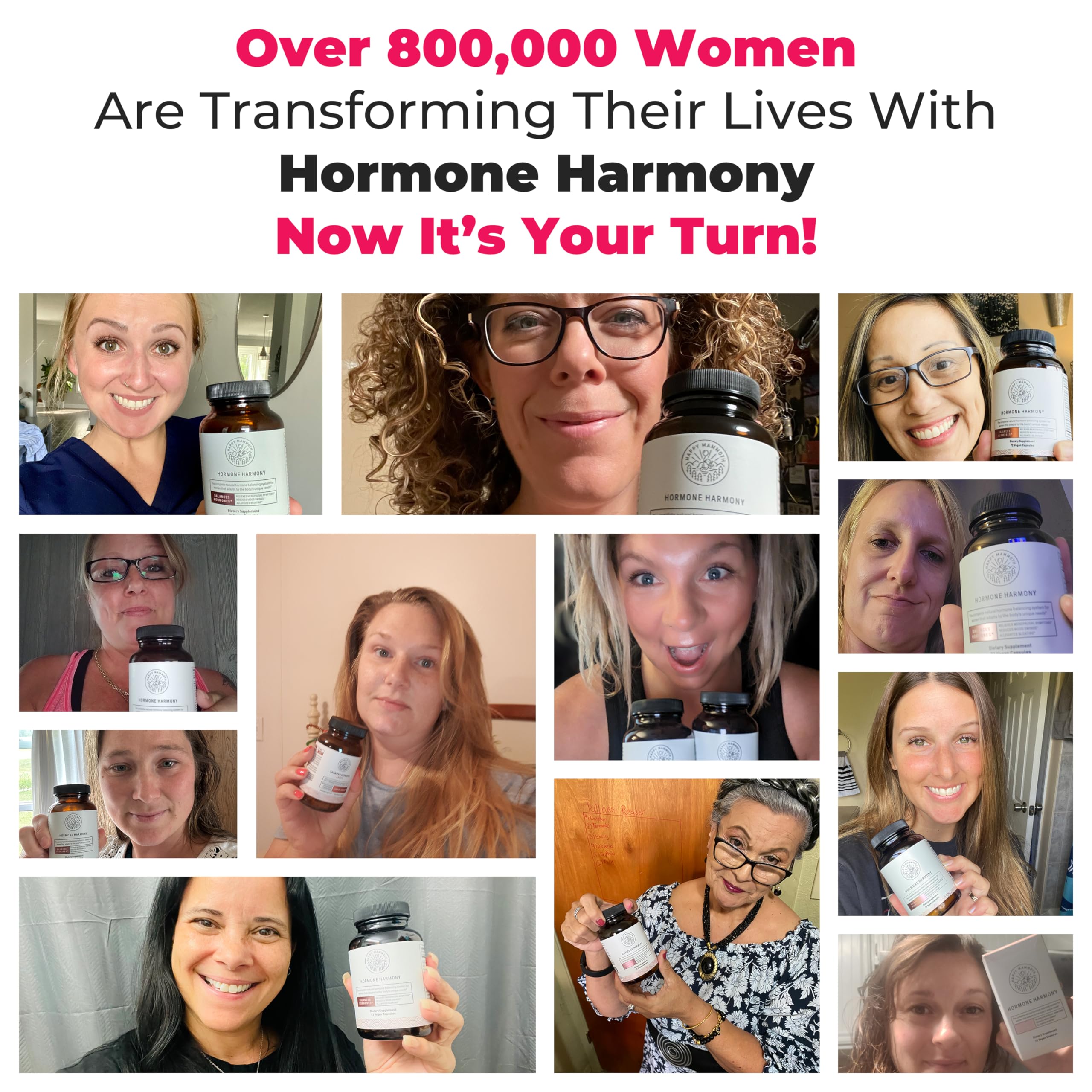 Ingredients panel on Happy Mammoth Hormone Harmony bottle highlights herbal blend