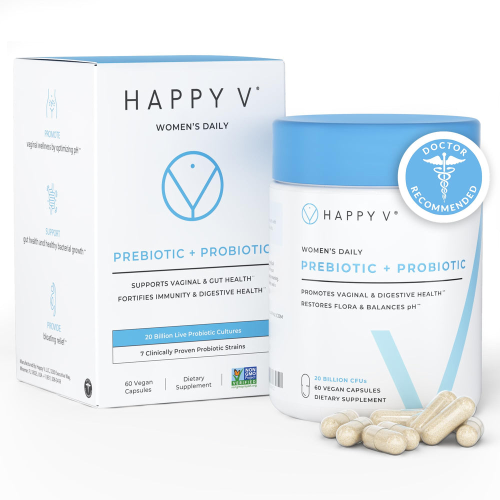 Happy V Dr. Formulated Vaginal Probiotics bottle front for daily feminine balance.