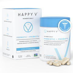 Happy V Dr. Formulated Vaginal Probiotics bottle front for daily feminine balance.