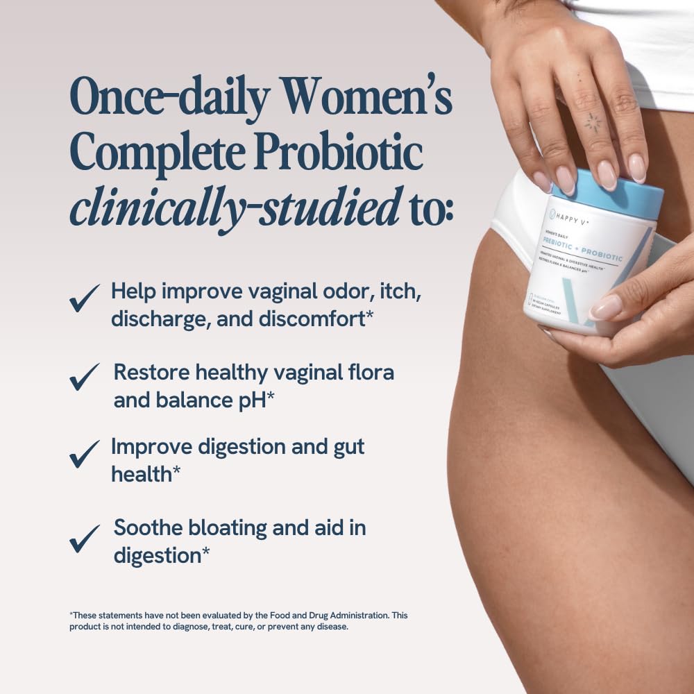 Happy V Dr. Formulated Vaginal Probiotics capsules closeup highlighting daily dose.