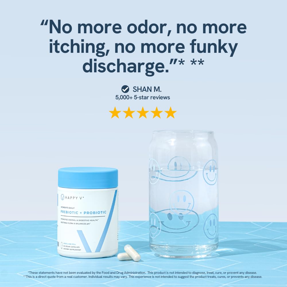 Happy V Dr. Formulated Vaginal Probiotics delayed-release capsule illustration.