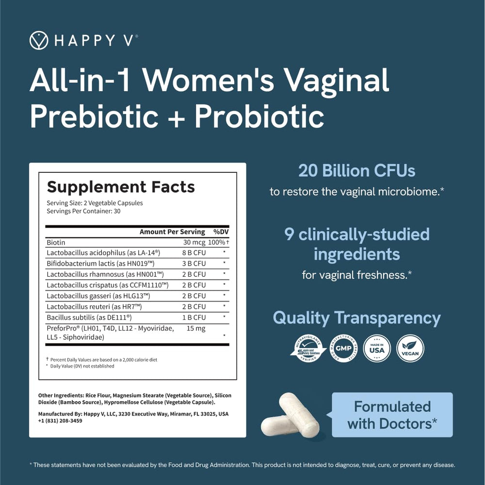 Happy V Dr. Formulated Vaginal Probiotics made-in-USA seal.
