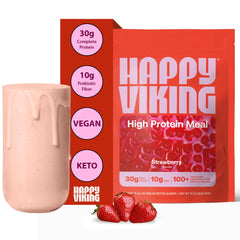 Happy Viking Strawberry Protein + Superfoods bag open, ready for an energy-boosting shake