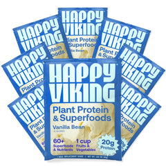 Happy Viking Vanilla Bean protein powder bag showing plant protein for sustained energy