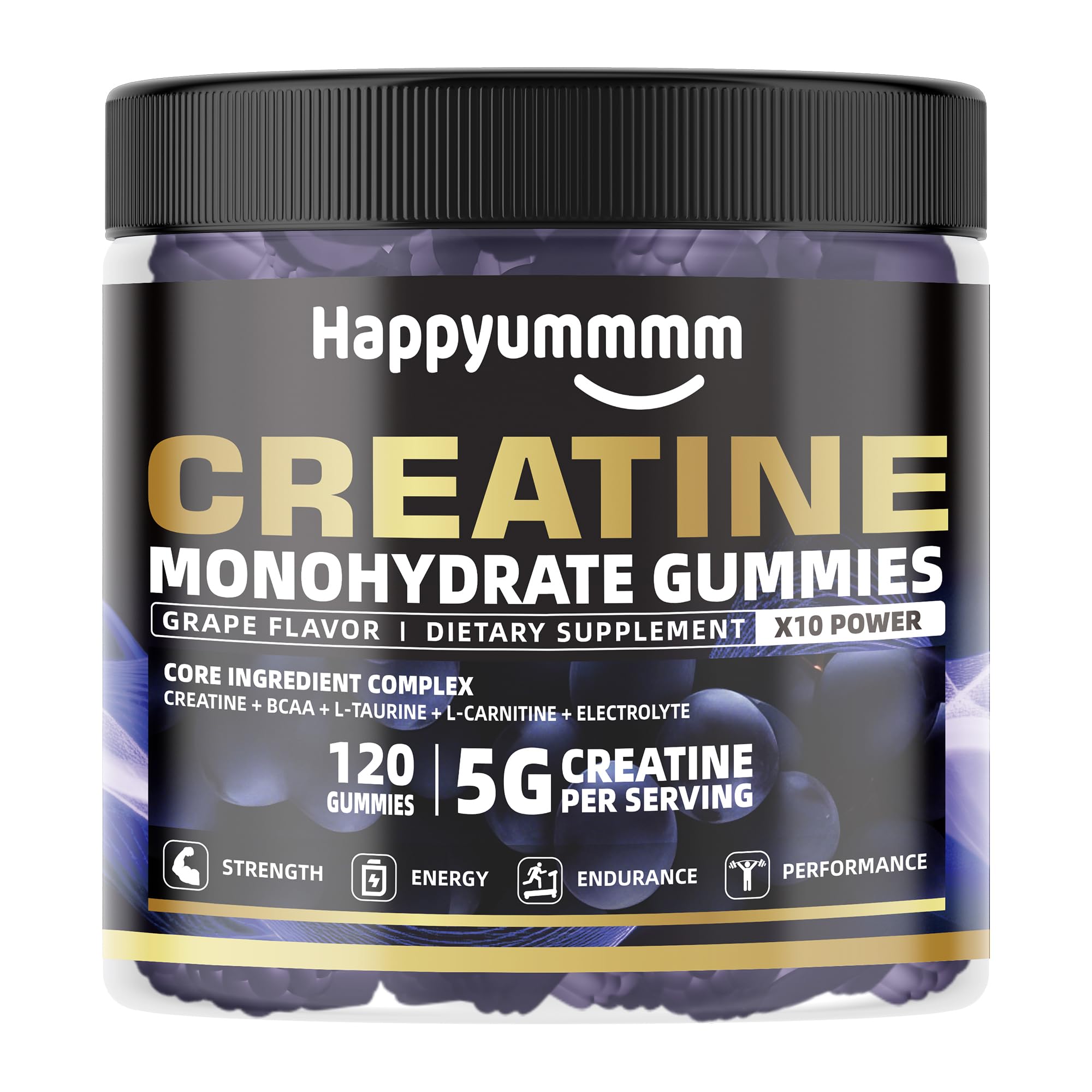 Happyummmm Creatine Gummy 120 count pack designed for easy stocking and travel.