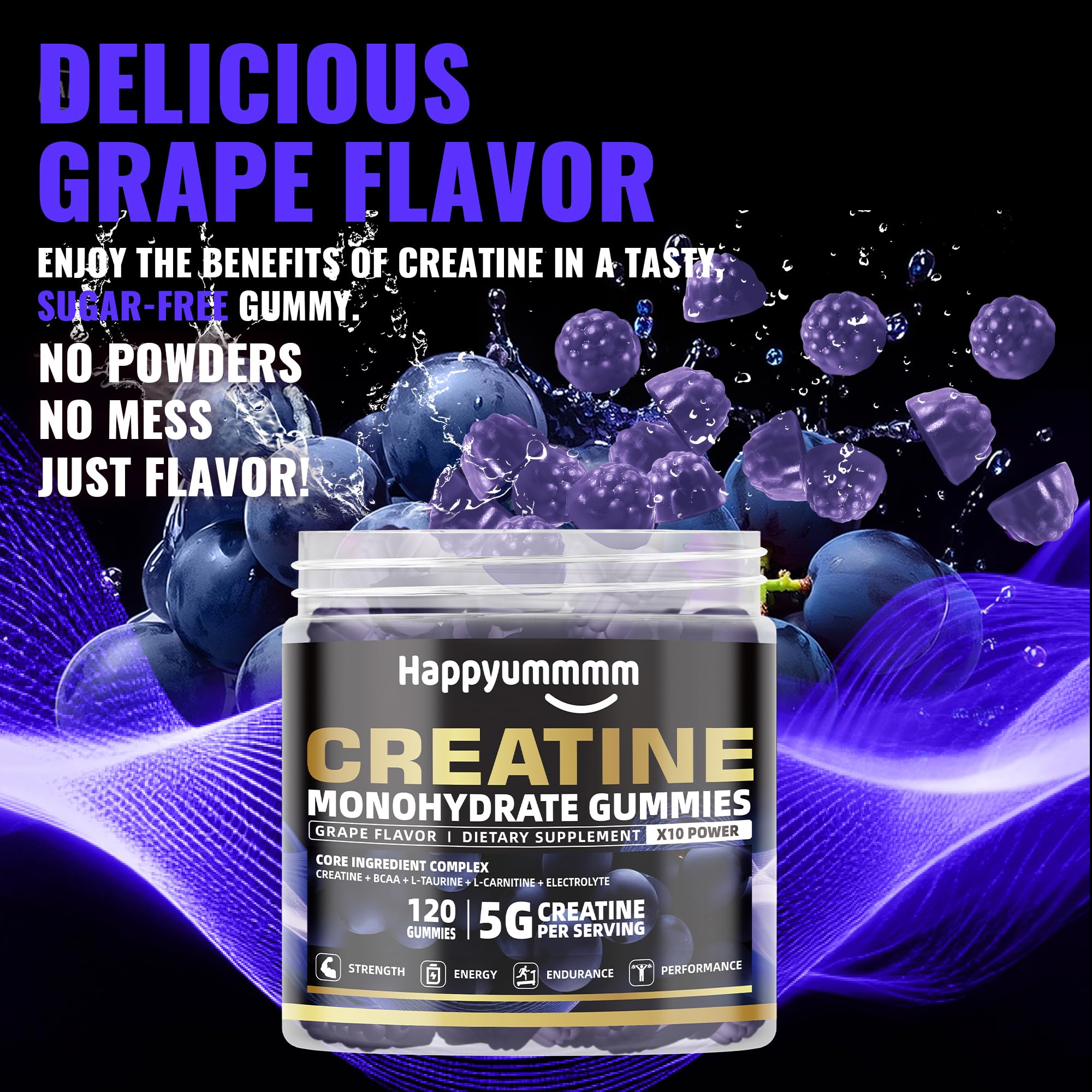 Happyummmm Creatine Gummy shows 5g serving with 1.25g per gummy.