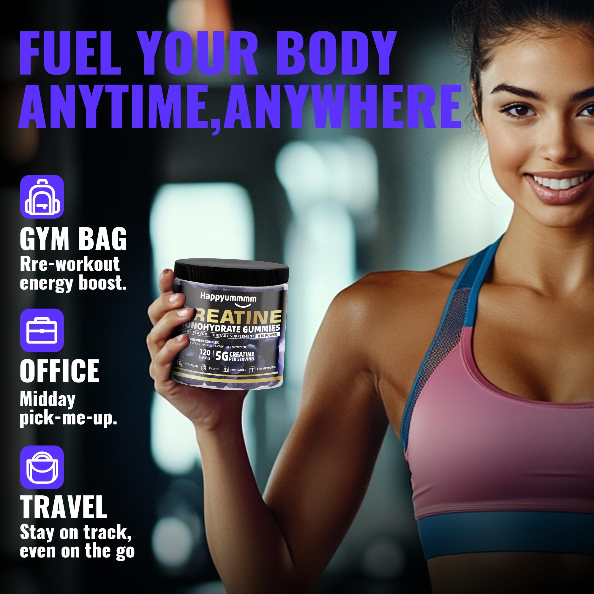Happyummmm Creatine Gummy anti-melting design supports travel and heat resistance.