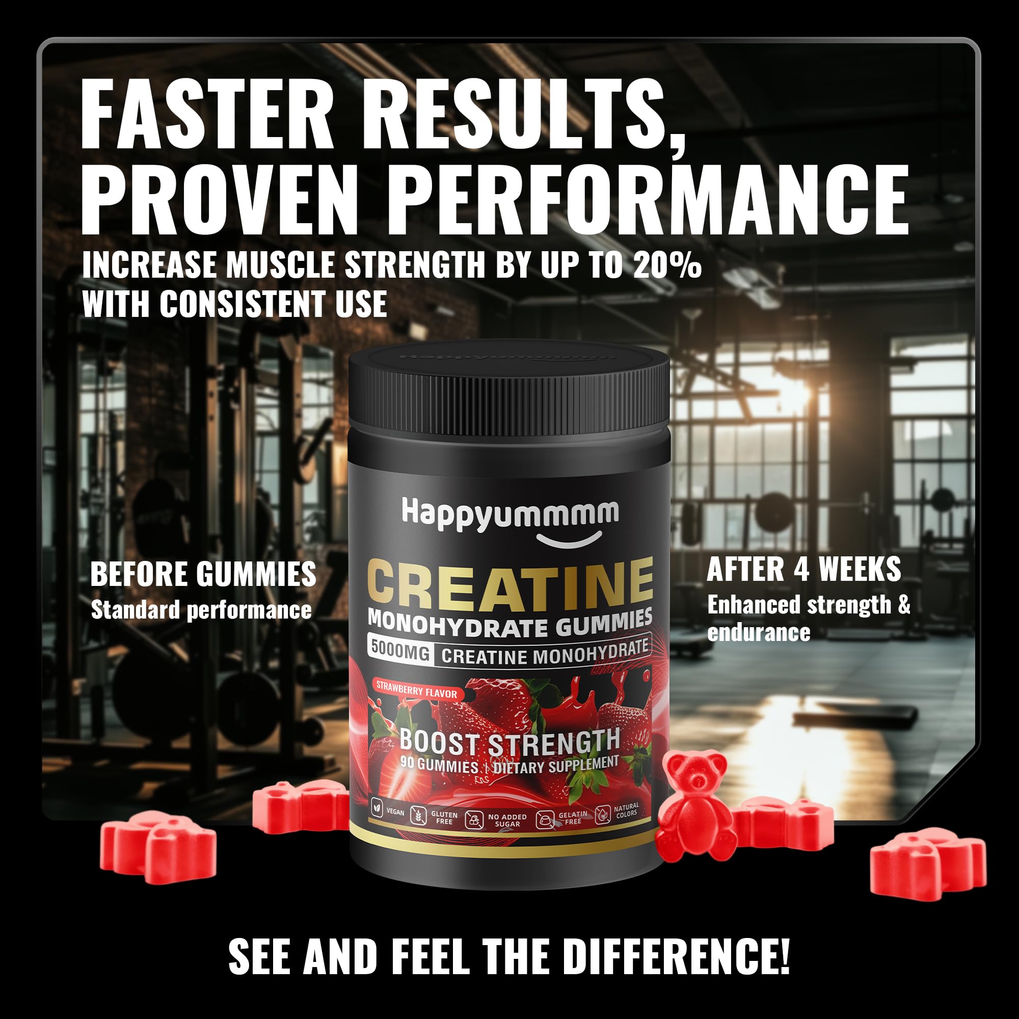 Happyummmm Creatine Gummy anti-melting formula for travel-friendly use.