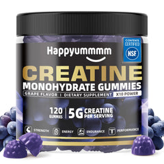 Happyummmm Creatine Gummy bottle front shows vegan, gluten-free label in a 120 count package.