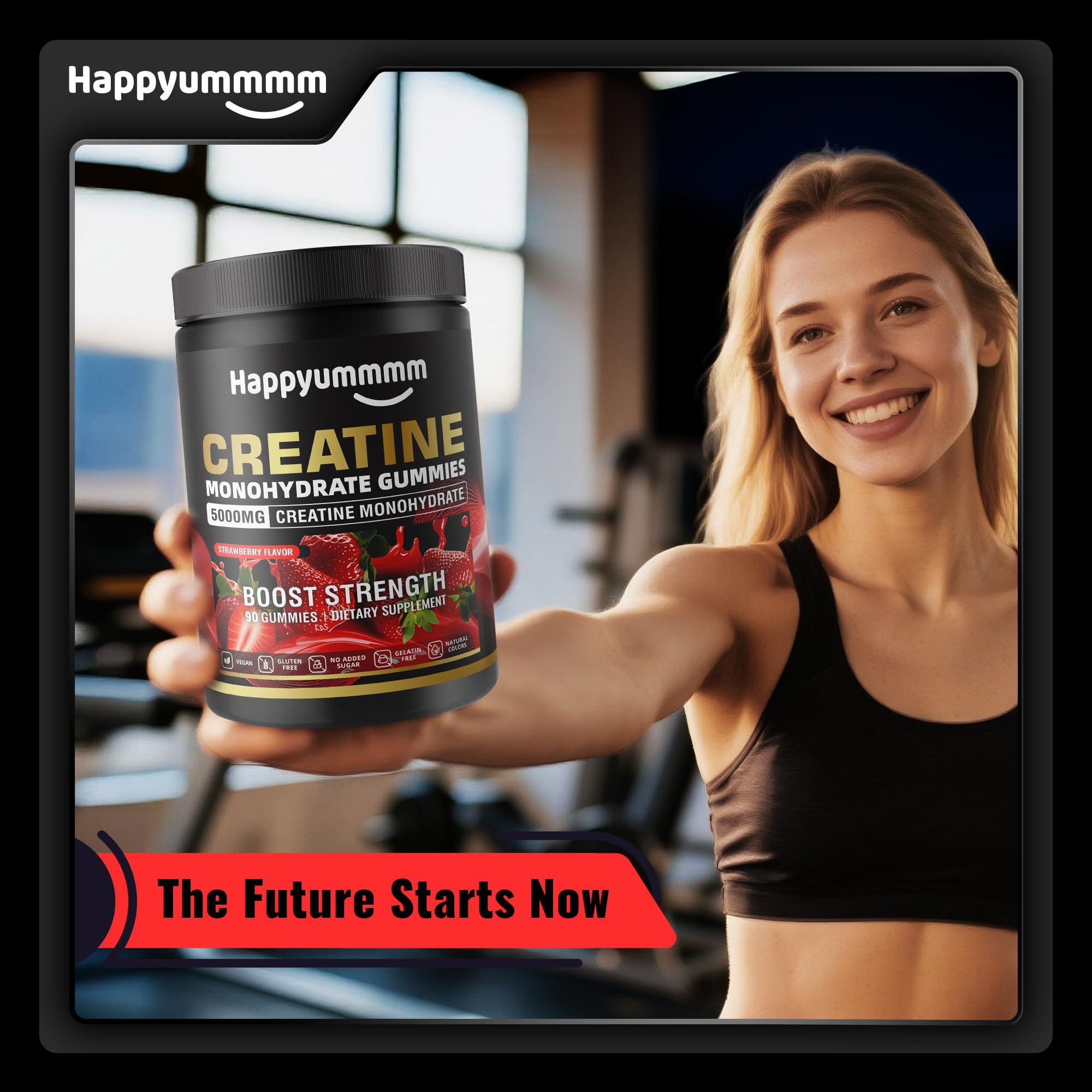 Happyummmm Creatine Gummy bottle with strawberry flavor for daily routine.