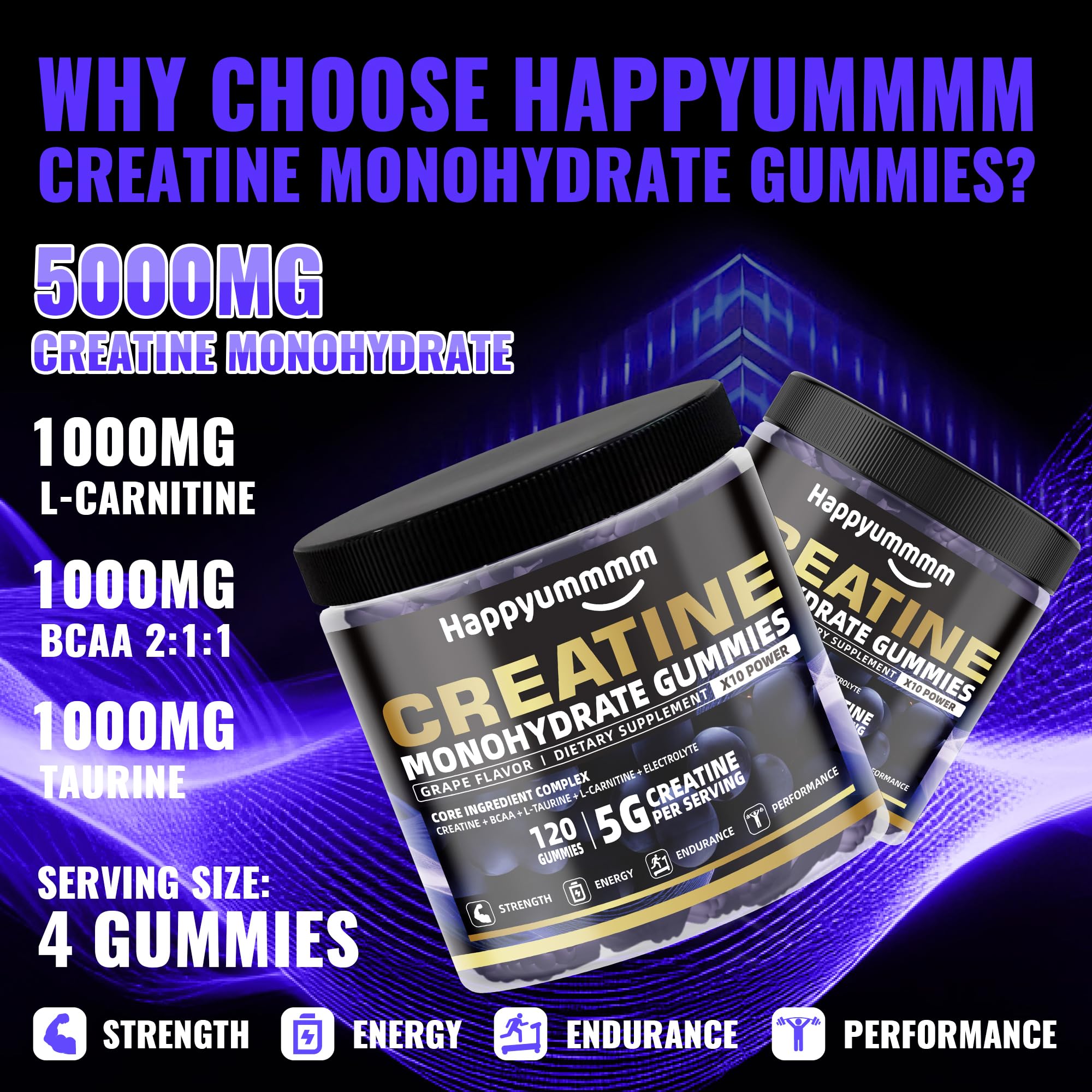 Happyummmm Creatine Gummy closeup highlights strawberry flavor and chewy texture.
