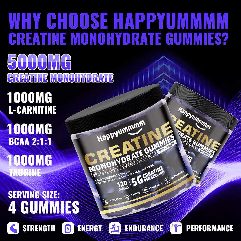 Happyummmm Creatine Gummy closeup highlights strawberry flavor and chewy texture.