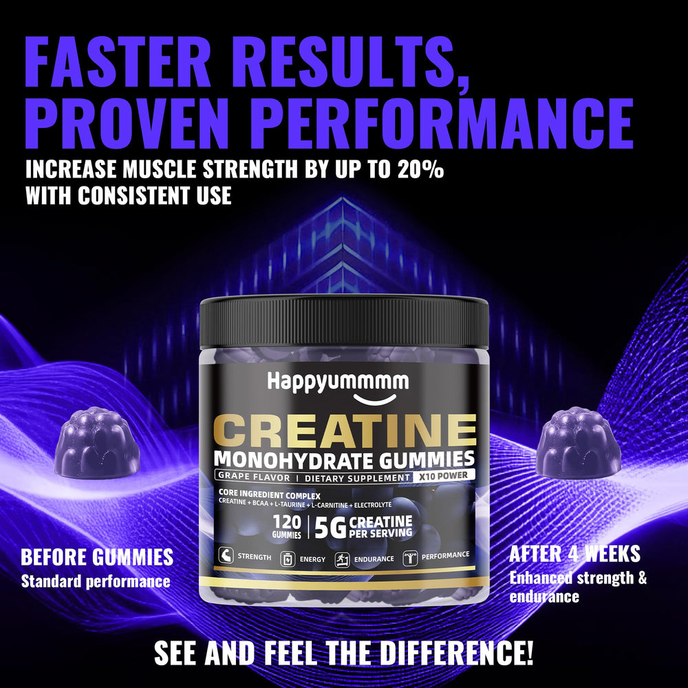 Happyummmm Creatine Gummy GMP facility badge signals quality control.
