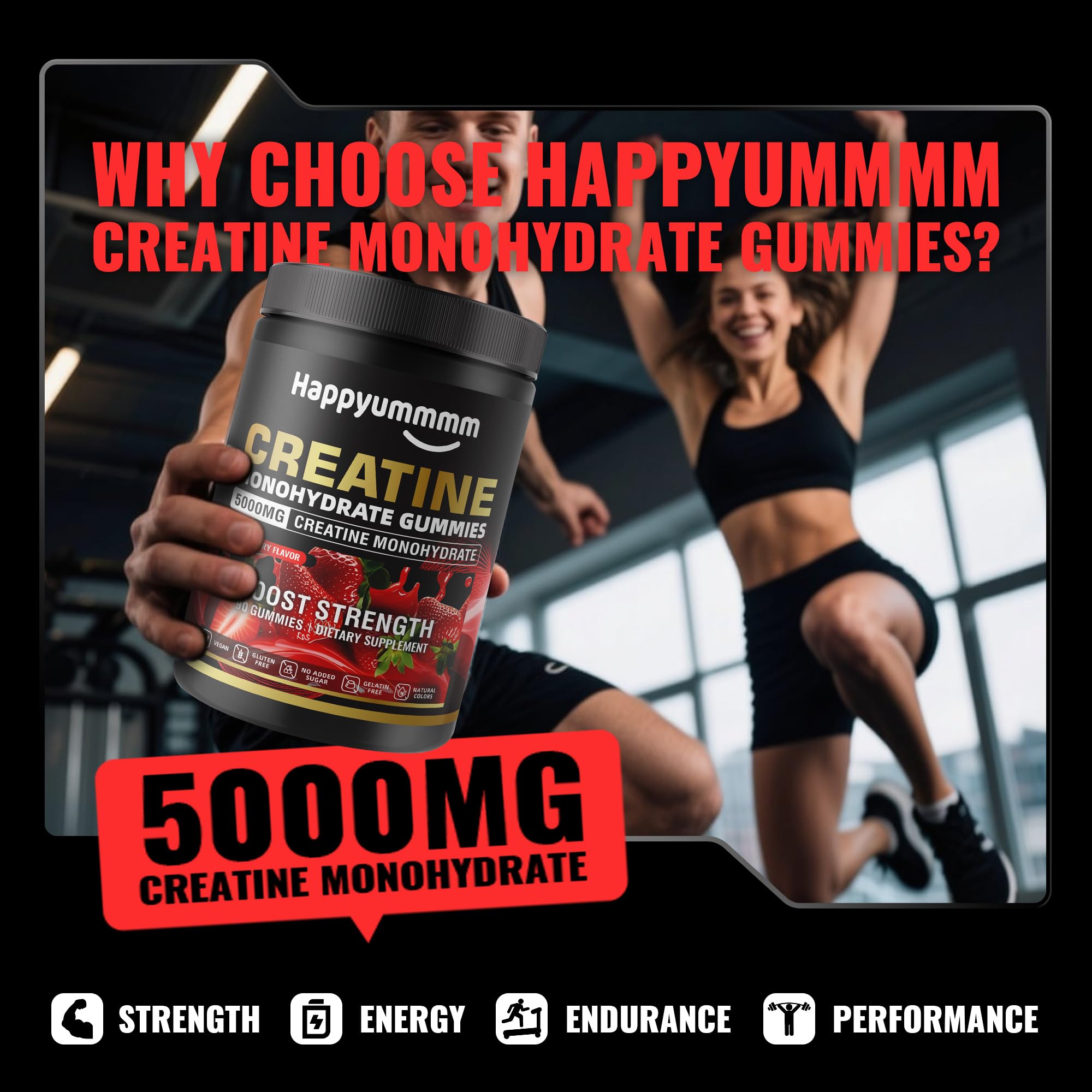 Happyummmm Creatine Gummy strawberry close-up texture supports convenient daily intake.
