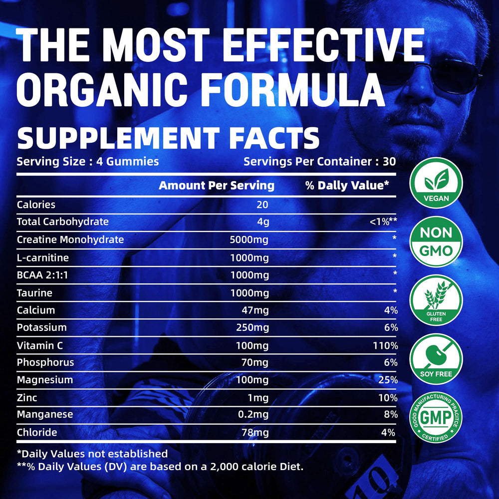 Happyummmm Creatine Gummy vegan symbol visible on packaging.